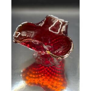 1950s Murano Ruby Red Optic Quilt Trifold Art Glass Bowl ~ Uv reactive 365nm